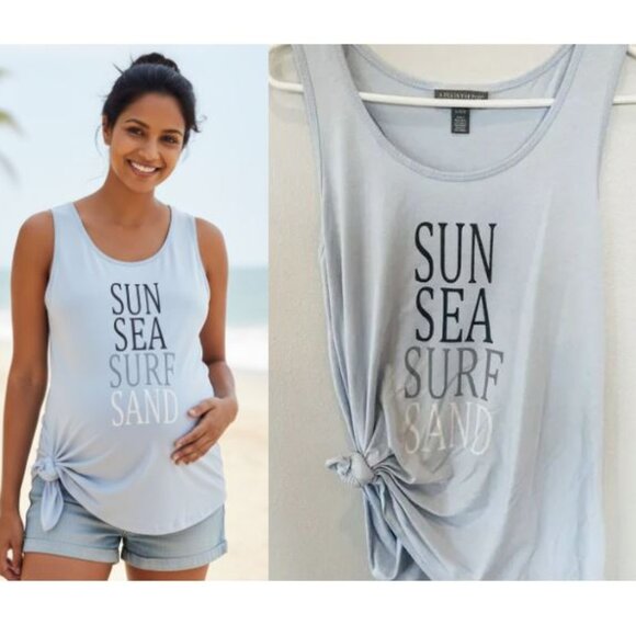 Pea in the Pod "Sun, Sea, Surf, and Sand" Blue Beach Maternity Tank Top, Large - Picture 1 of 6